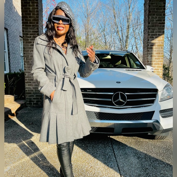 Designer Calvin Klein Womens Gray Wool Blend Long Sleeve Tie Front Coat Sz S-M - Picture 3 of 17